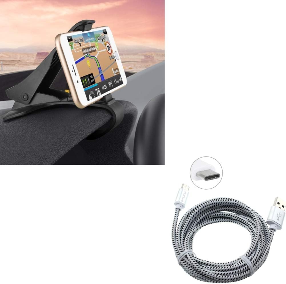 Non-Slip Dashboard Car Mount Clip Phone Holder w Braided White 6ft Long Type-C Cable O8Q Compatible with OnePlus 5T, 6, 6T - Razer Phone 2 - RED Hydrogen One - Samsung Galaxy S9+ S9, S8+ S8