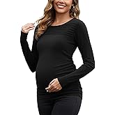 SWEETBUMP Maternity Long Sleeve Tops for Women Pleated Crewneck Pregnancy Shirts Dressy Work Blouses Trendy Basic Tunic