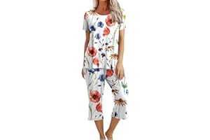 breaise Womens Summer Outfits Casual Lounge Sleepwear Print Soft Crew Neck Short Sleeve Tops Lightweight Capri Pants