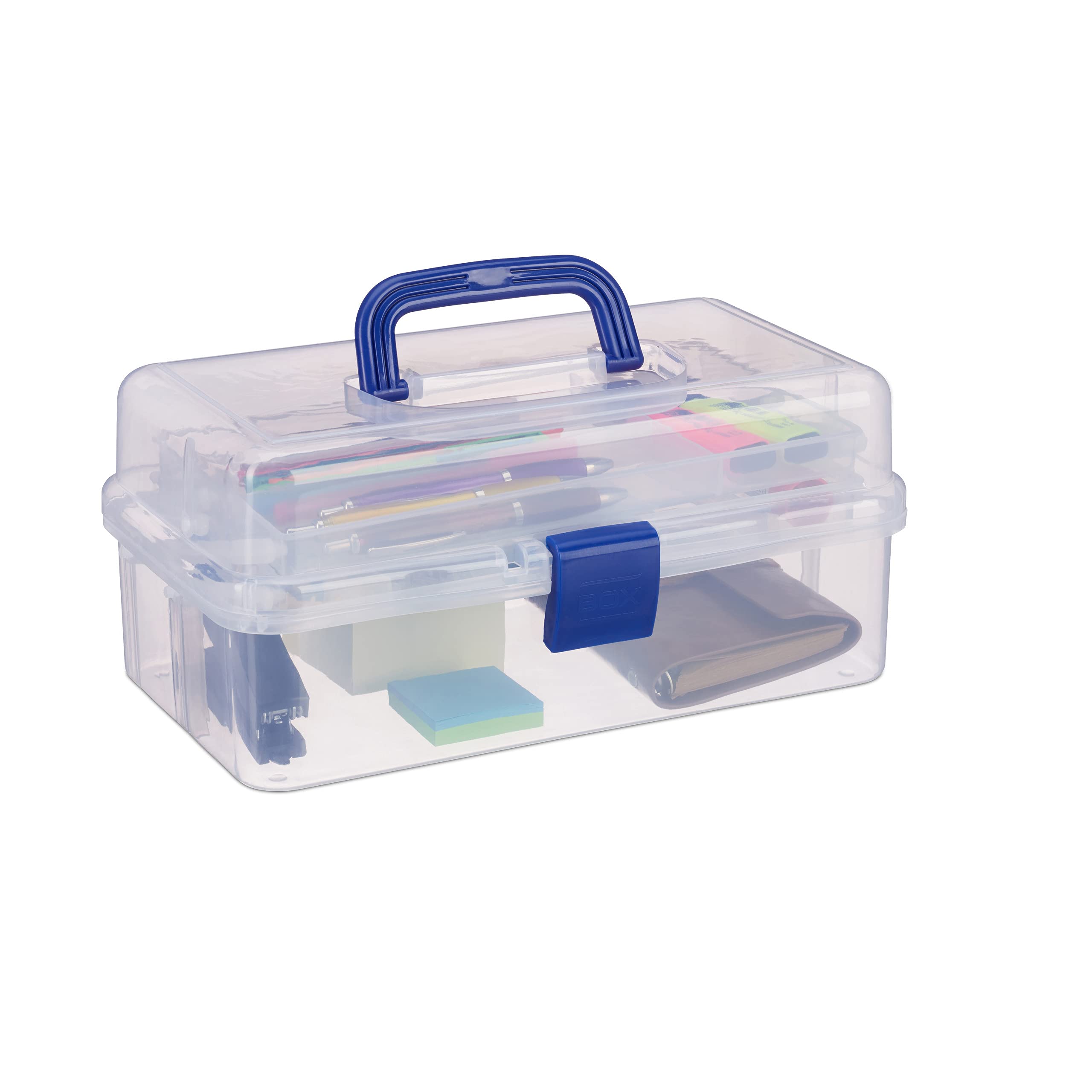 Relaxdays Transparent Plastic Storage Box, 9 Compartments for Small Tools, Press Lock, HWD 14x33x19 cm, Blue