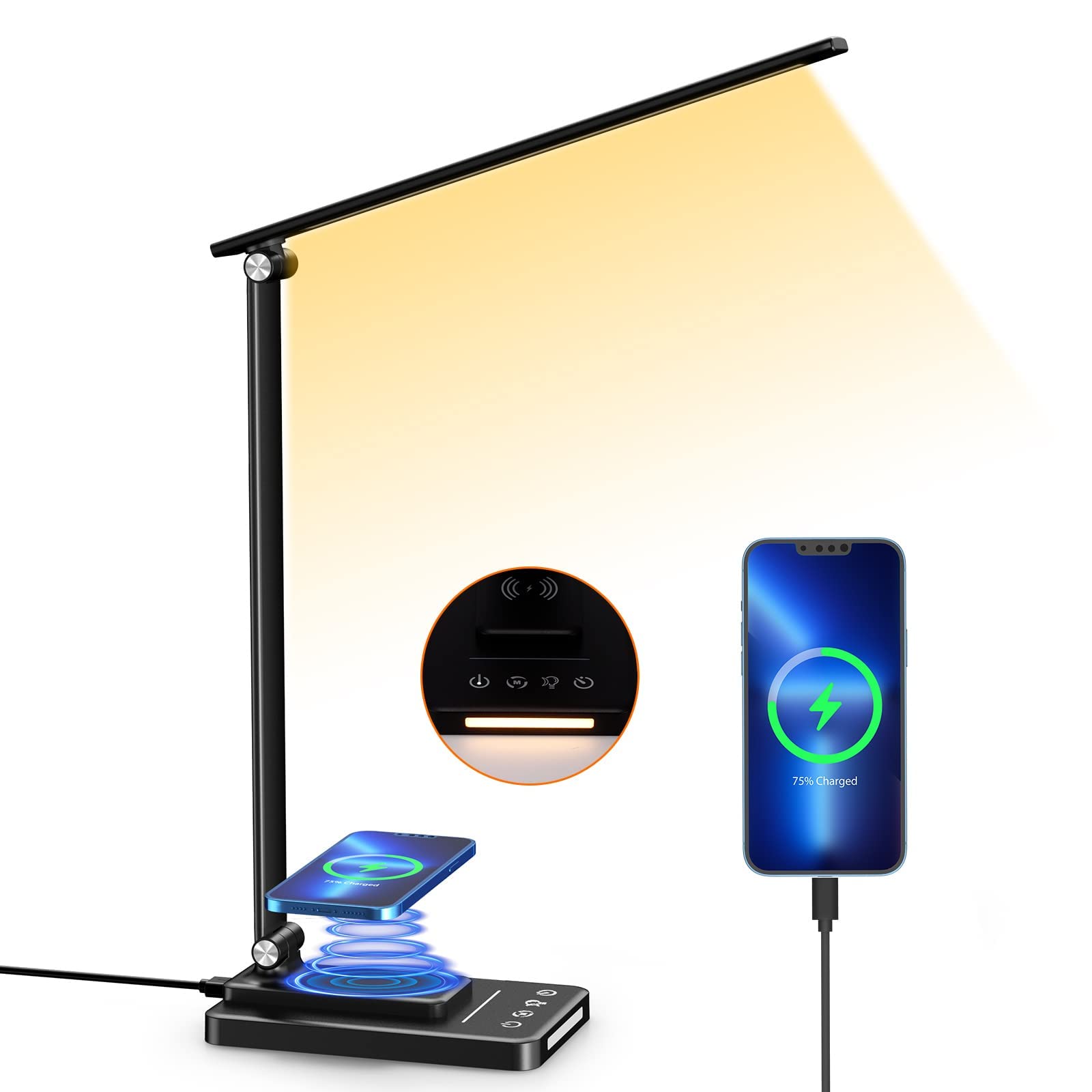 Desk Lamps for Study,Eye Protection Table Lamp with Night Light, 5 Light Modes x 5 Levels of Brightness, Touch Control, USB Charging Port, Auto Timing Bedside Lamp, for Home,Office,Reading,Work,Study