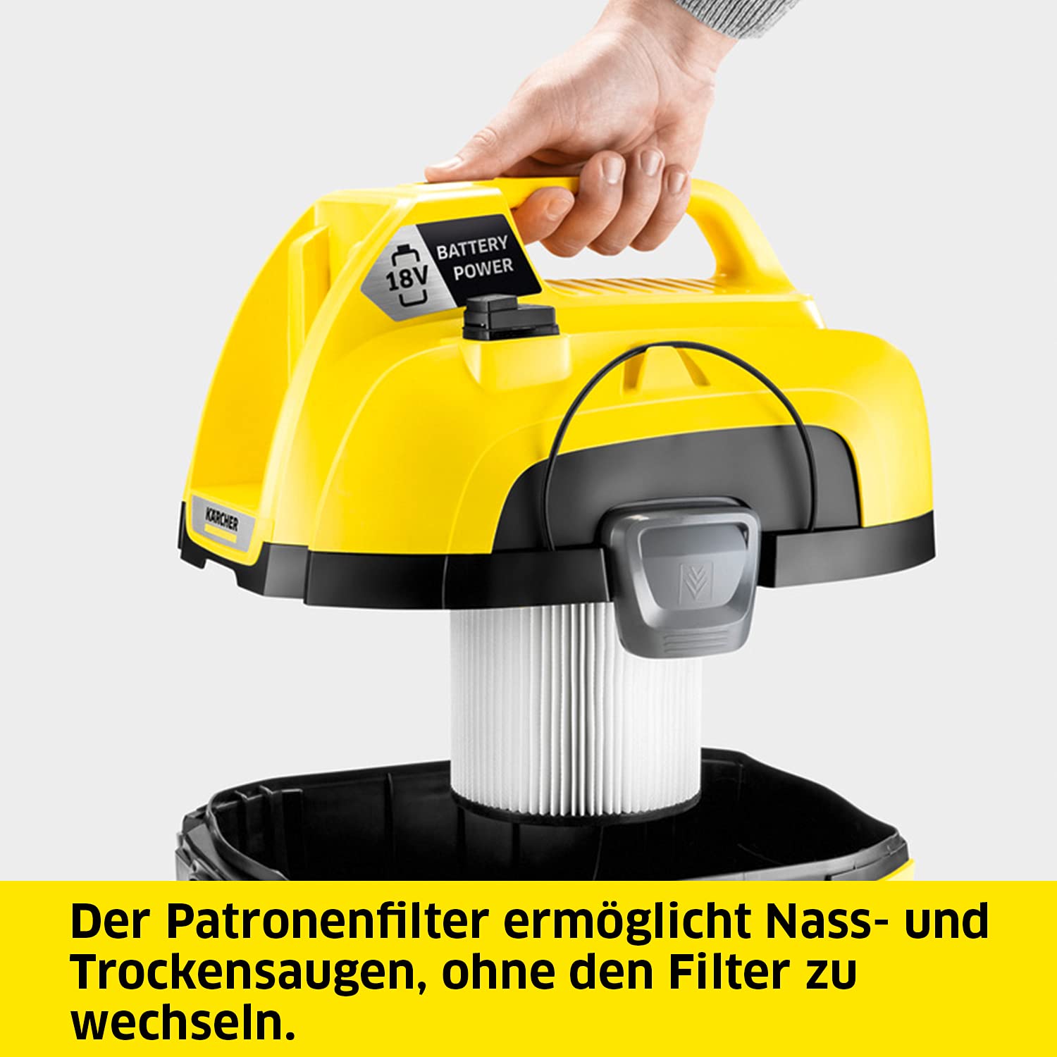 Karcher 18 V Akku-Nass-/Trockensauger WD 1 Compact Battery Set, Patronenfilter, Saugschlauch:1,20 m, Behältergröße:7 l, Leistung:230 W, verwendbar 18-V-Akku, mit Akku 2