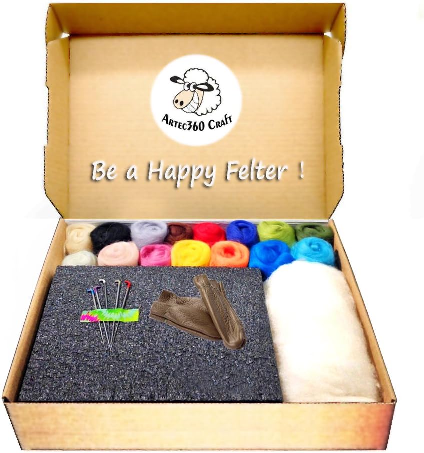 YSZ Feltsky Needle Felting Kit 120g 70S Merino Wool Roving in 16 Colors, 1 High Density Foam Pad, 5 Needles, 1 Pair Leather Finger Guards for Adults