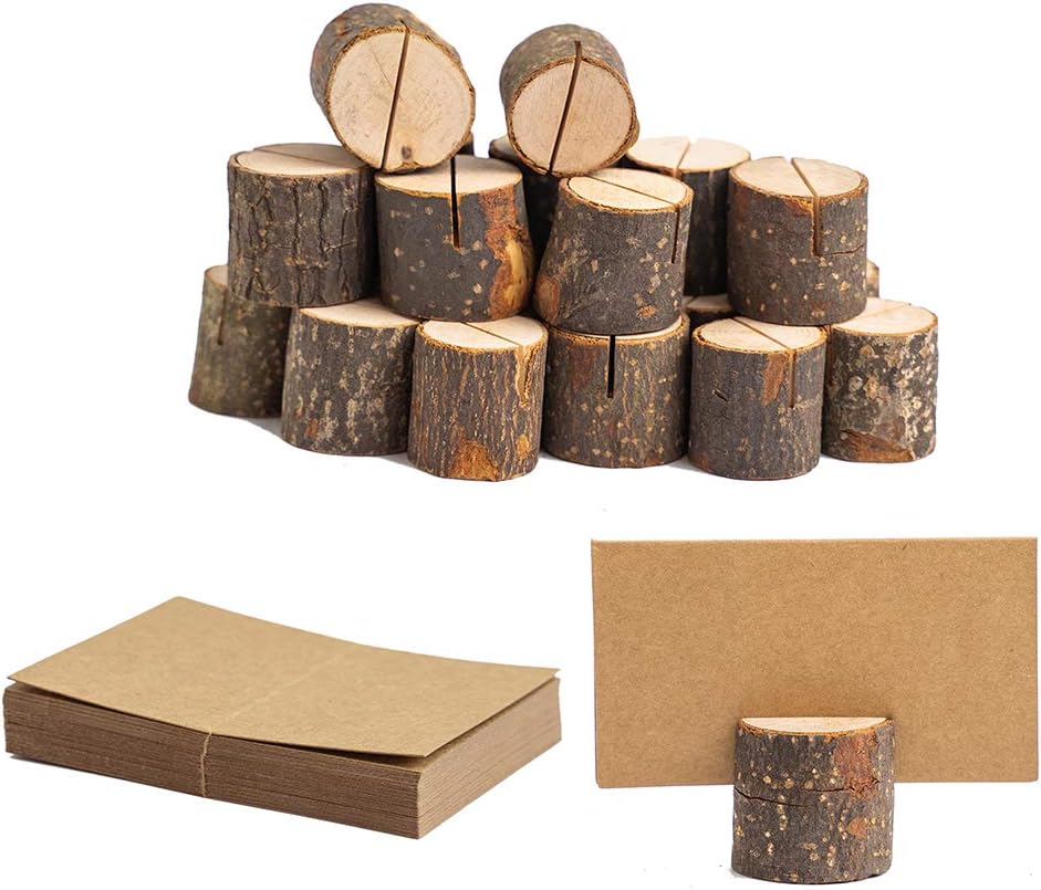 YXMYH Rustic Wood Place Card Holders, 20 Pcs Premium Rustic Table Number Holders and 30Pcs Kraft Table Place Cards, Photo Picture Note Clip Holders, Bulk Wedding Party Table Number Sign