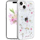 CEOKOK for iPhone 14 Plus/iPhone 15 Plus Case Clear with Real Pressed Flowers Design Glitter Cute Sparkly Floral Pattern Slim Soft TPU Protective Women Girl's Phone Cover (Pink)