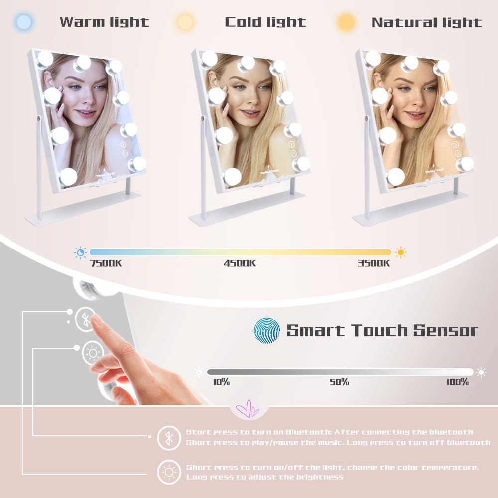 COOLJEEN Vanity Mirror with Lights and Bluetooth, Wireless Charging Lighted Vanity Mirror with Phone Stand, 9-Bulb 3 Color Lighting Tabletop Lighted Makeup Mirror, 360°Rotation