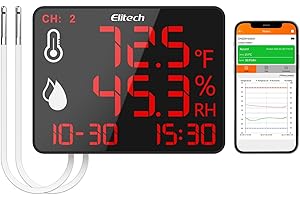 Elitech Bluetooth Hygrometer Thermometer Reusable Temperature Recorder Data Logger with Large Screen Data Storage Export, DR-230-THDE with Dual External Temperature and Humidity Sensor