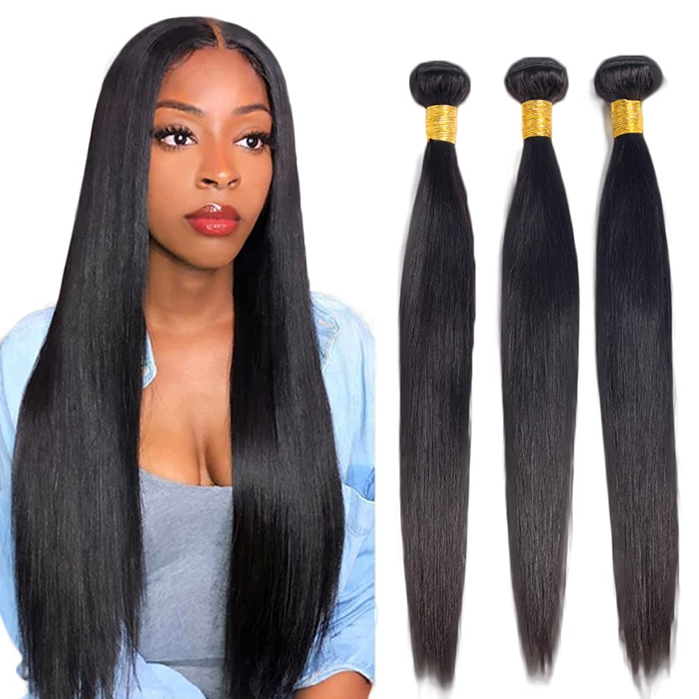 Photo 1 of #1B Straight Bundles Human Hair 18 20 22 Inch Natural Black Straight Bundle Human Hair Extensions Unprocessed Virgin Remy Hair 3 Bundle 50 Gram Per Bundle For Women