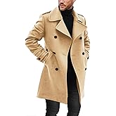 Ryannology Men's Notched Collar Trench Coat Double Breasted Long Winter Pea Coats Windbreaker Business Wool Blend Jacket
