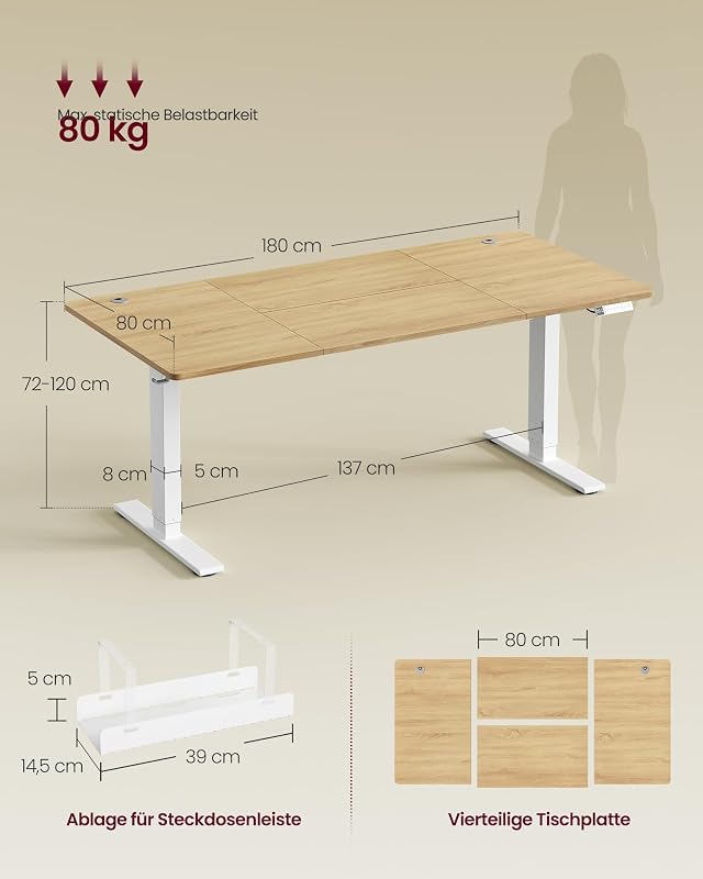 Höhenverstellbarer Schreibtisch, mit USB-C, 180 x 80 cm