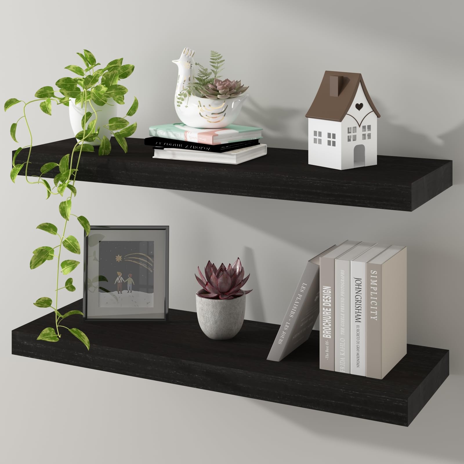 Photo 1 of Kultilanda Floating Shelves 24 Inch Wall Shelf Solid Wood Mounted Storage for Bedroom Living Room Set of 2, Black Wall Shelves