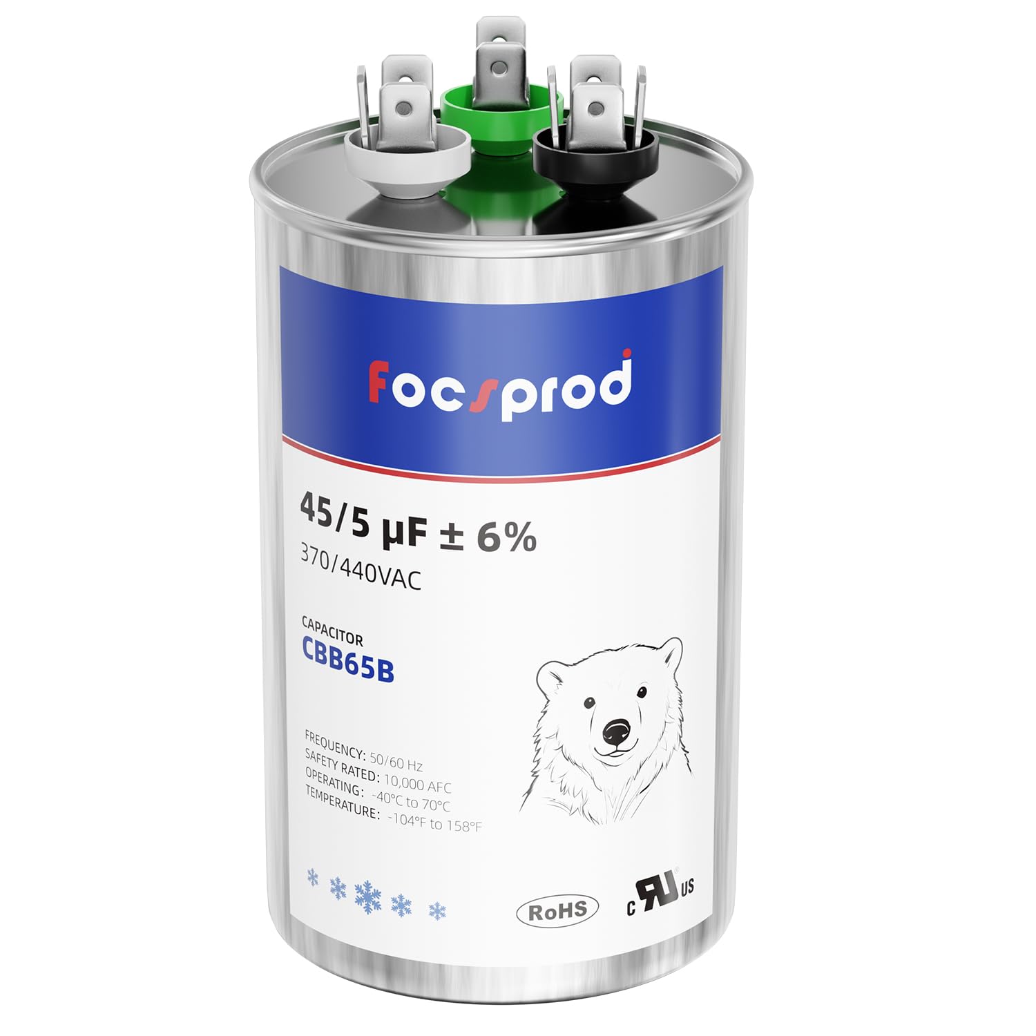 Photo 1 of [UL Recognized] FOCSPROD CBB65 45+5 uF Dual Run AC Capacitor, 45/5 MFD ±6% 370V/440V 440 Volt Round Capacitor Replacement, HVAC for AC Unit Fan Motor Start, Heat Pump or Condenser Straight