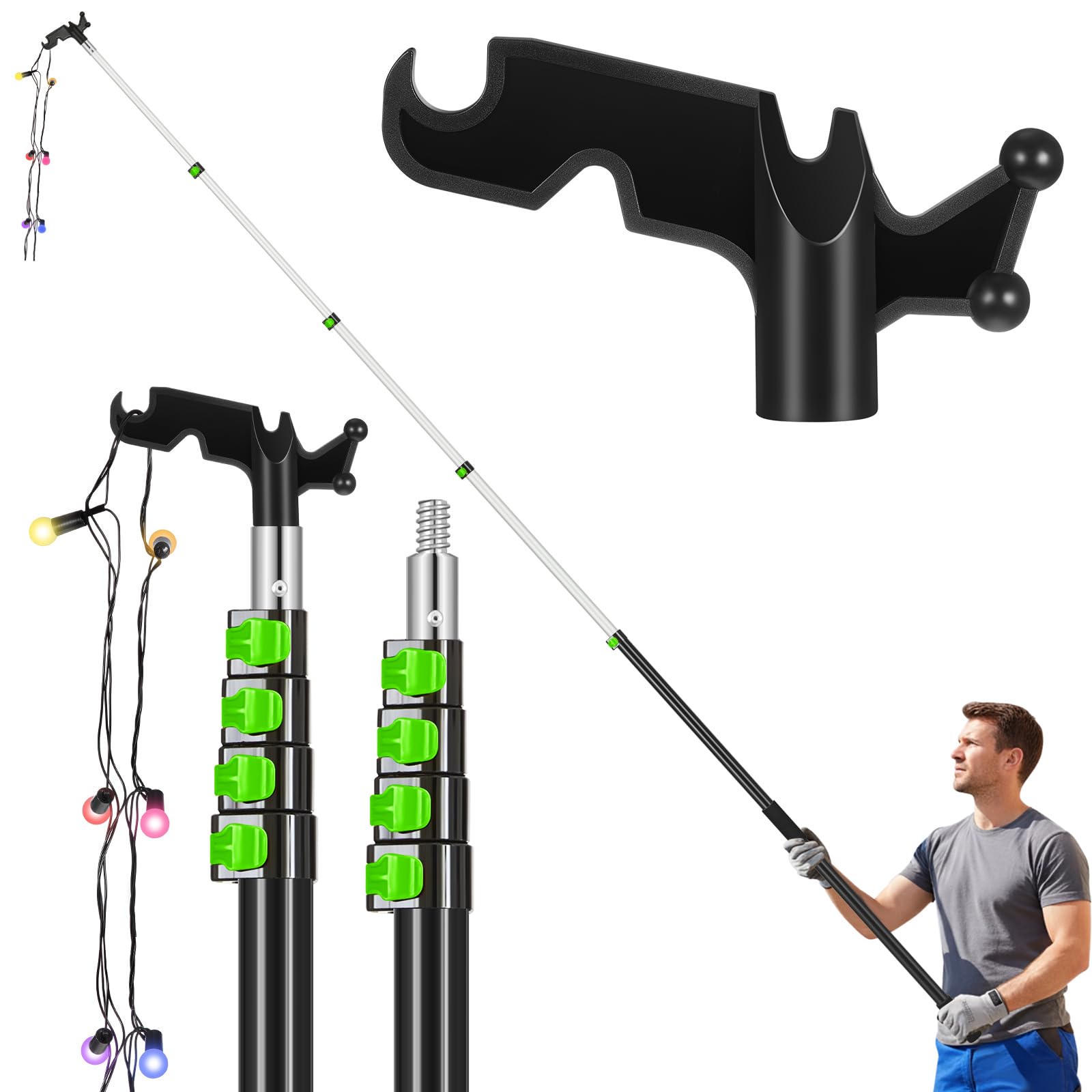 Photo 1 of ***MISSING HOOK ATTACHMENT*** Leriton 7-30 ft Long Christmas Light Hanger Pole with Utility Hook, Telescopic Extension Pole Multi-Purpose for Christmas String Lights Installation Painting Cleaning Without Ladder (Green)
