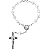 TALISMAN4U Sacred Saint Benedict Medal One Decade Catholic Rosary for Car Rearview Mirror Glass Pearl Beads Auto Rosaries Bracelet for Women Men St Benedict Crucifix Religious Gift
