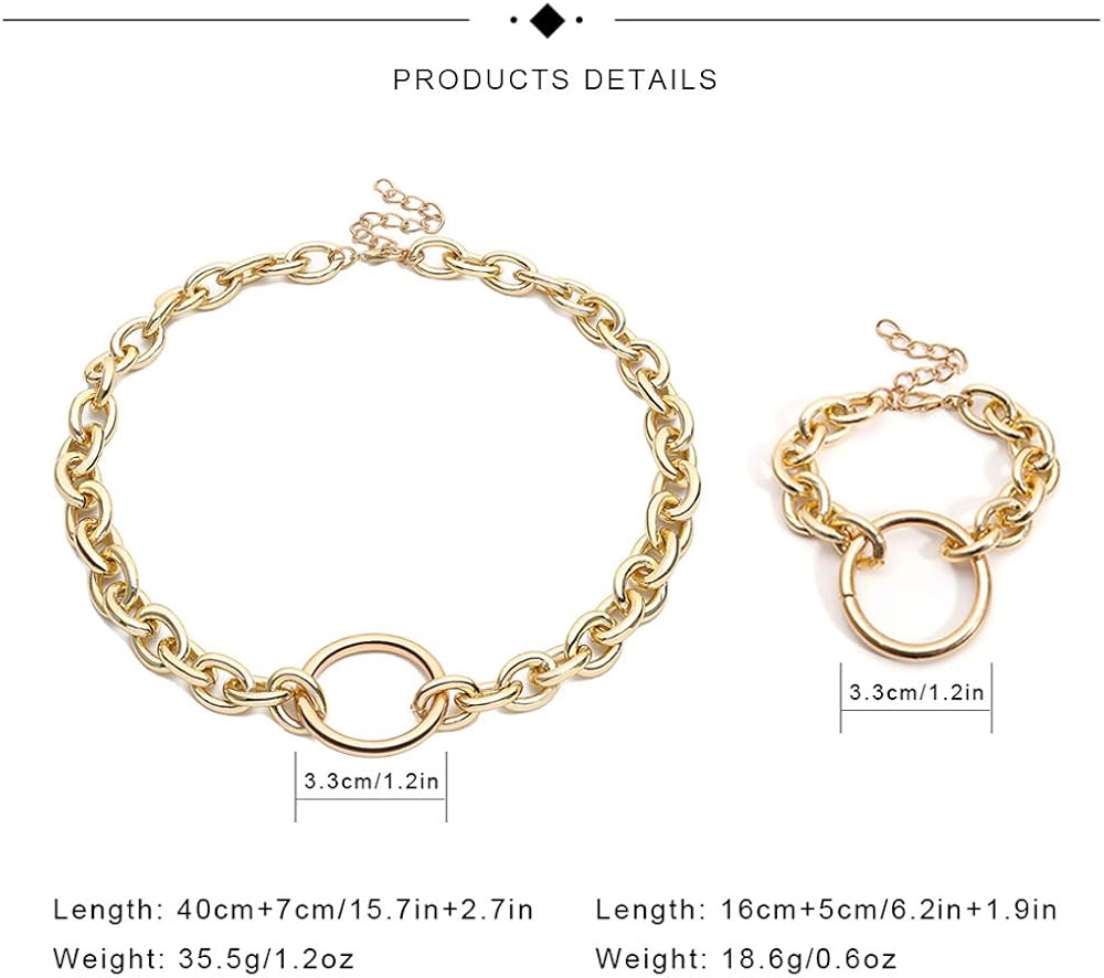 Huture Retro Punk Style Hip Hop Costume Jewelry Snake Curb Turnover Chain Necklace Bracelet Set Fully Adjustable Durable Strong Removable Delicate for Men Women, Gold : Clothing