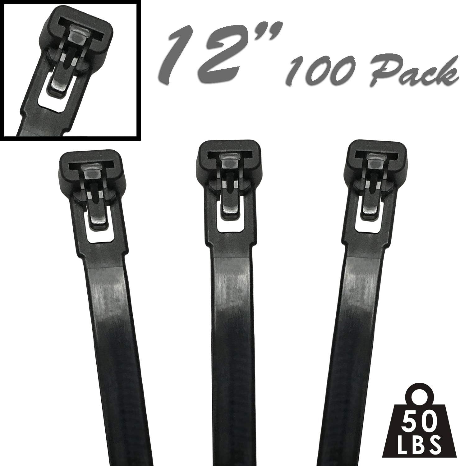 12" Nylon Reusable Releasable Cable Ties - 50 lbs - 100 Pack - Black