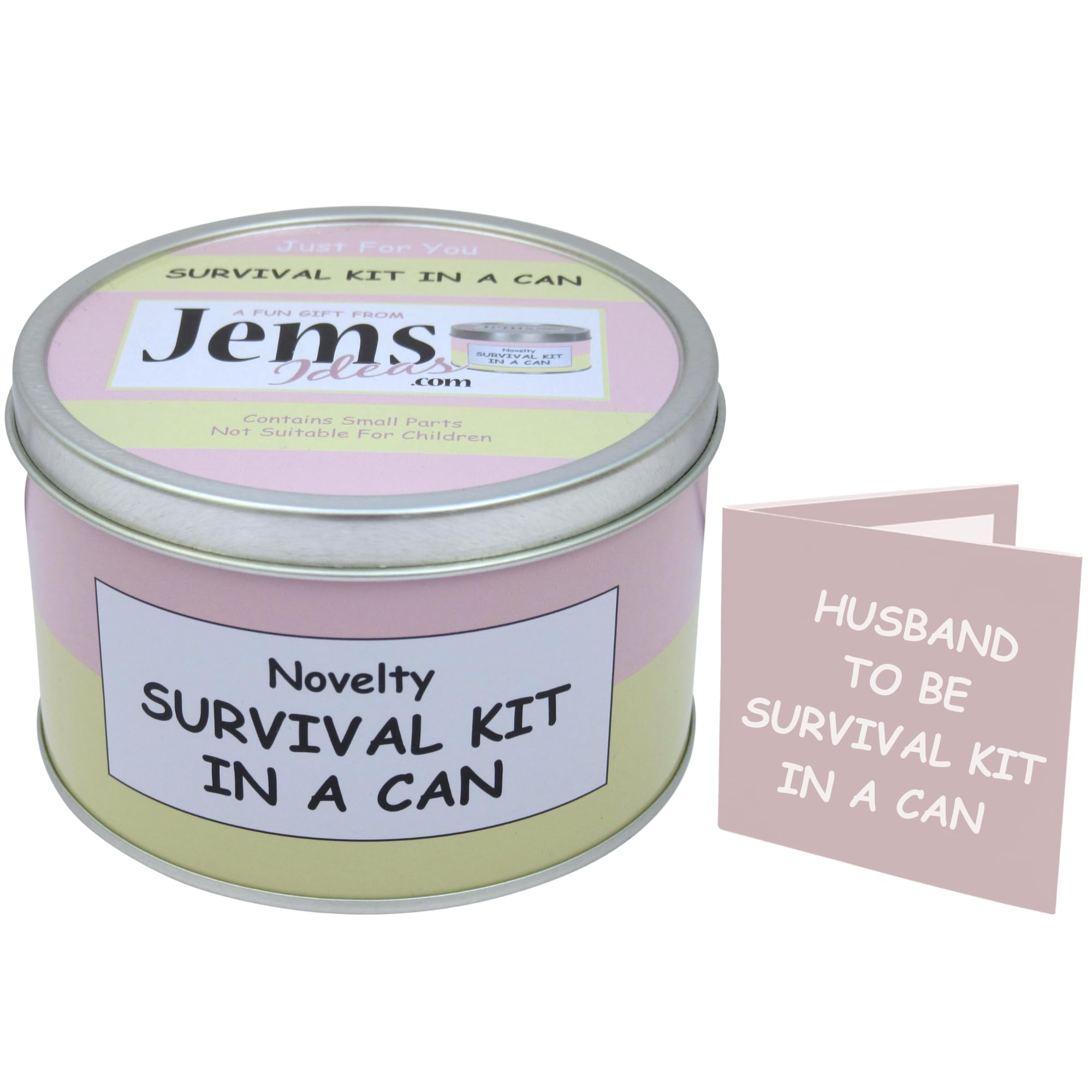 Husband-To-Be Survival Kit in a Can – Funny Novelty Gift for Groom – Wedding Day Present & Card – Humorous Gift for Him, Groom-To-Be, Fiancé – Quirky Keepsake Box Gift Set (Pink/Cream)