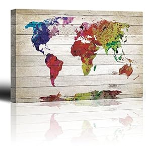 Watercolor World Map Rustic Painting Wall Decor