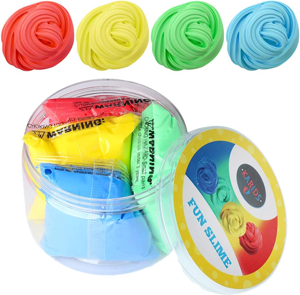 4 Colors Fluffy Slime - Fun, Colorful and Interactive Stress Relief Toys for Kids and Adults - Soft, Non-Sticky and Stretchy Cloud Rainbow Sludge | Blue, Green, Yellow, Red