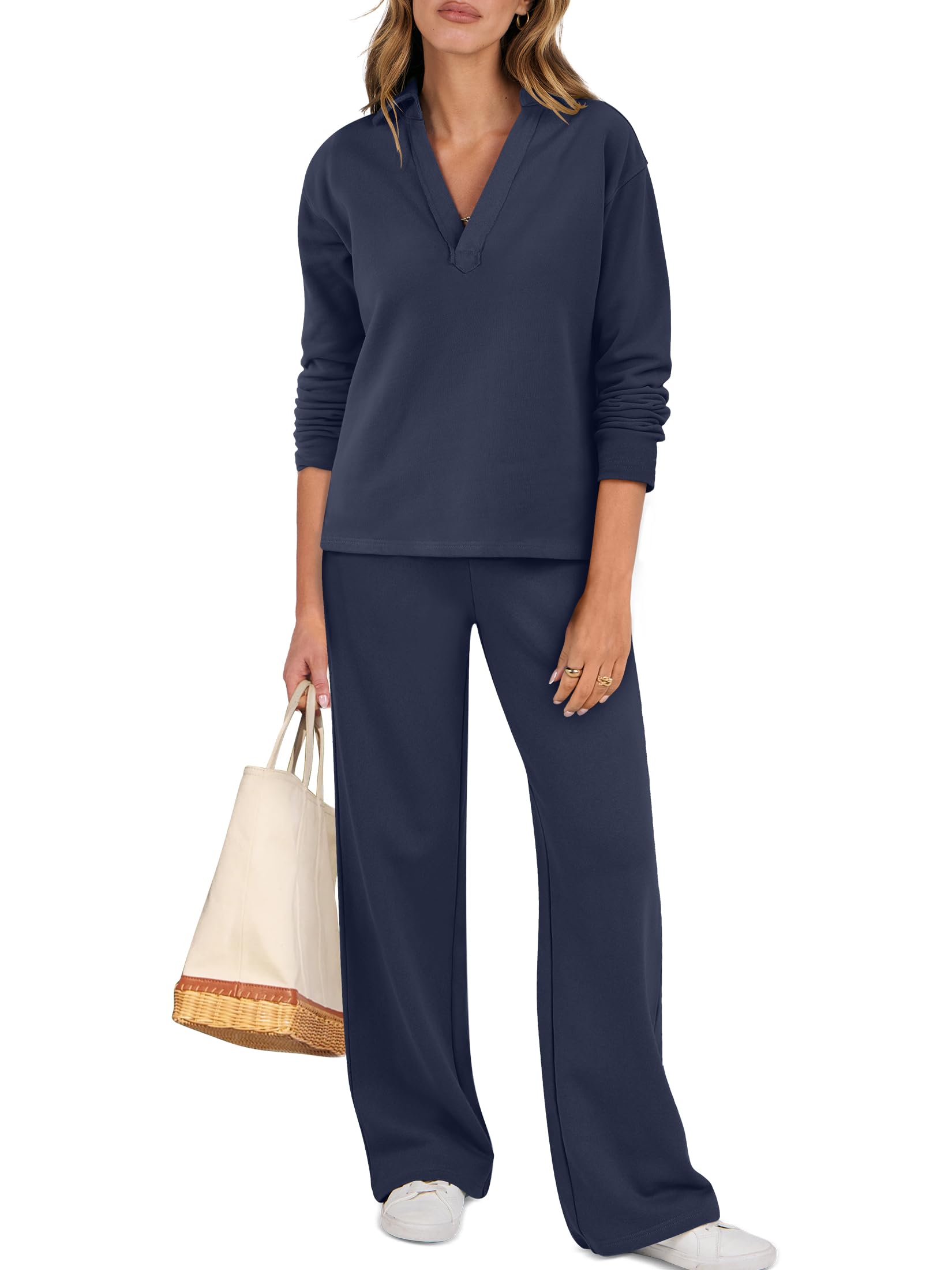 Ekouaer Womens 2 Piece Matching Lounge Sets Fall Outfits Sweatsuit Waffle Knit Pajamas Sets Long Sleeve Sweater Clothes Blue M