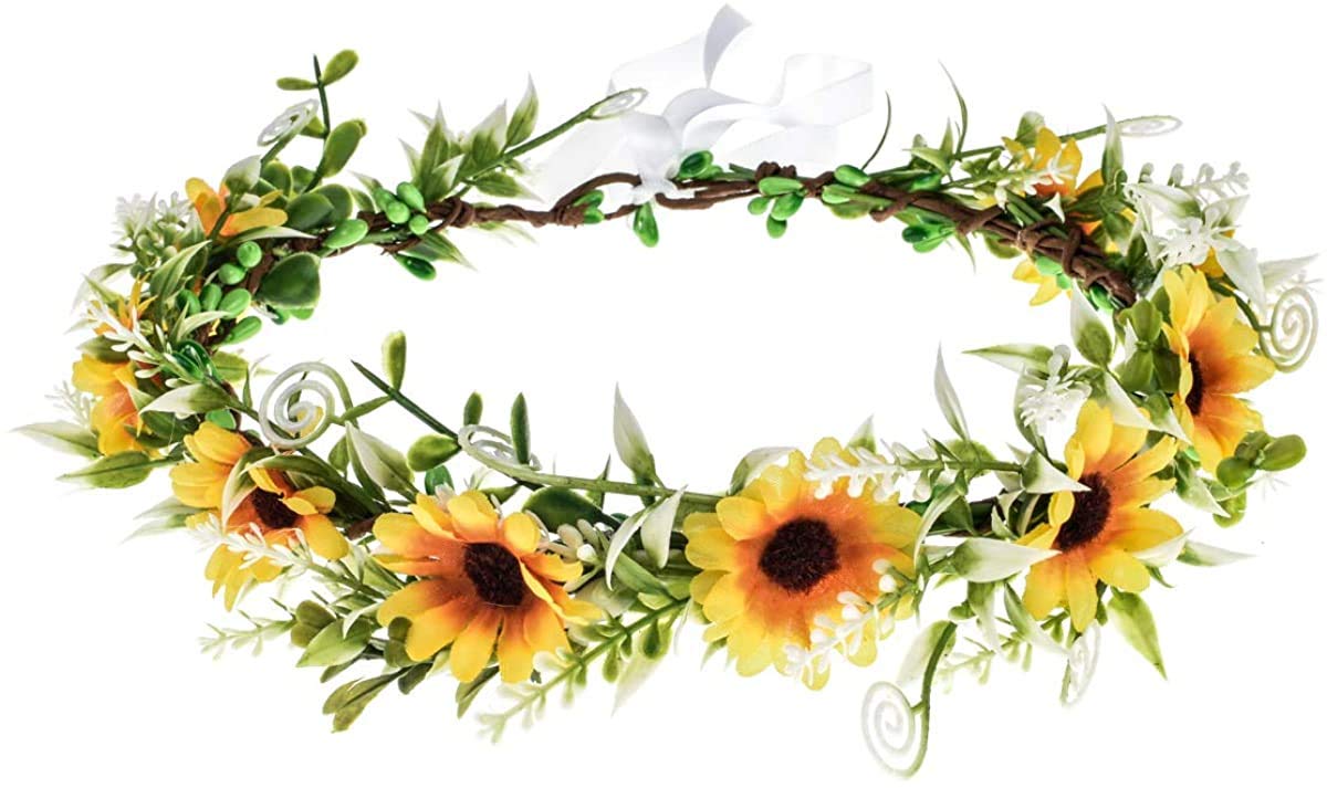 Merroyal Girls Flower Crown Floral Headpiece Floral Crown Wedding Festivals Photo Props (Sunflower and Green Leaf)