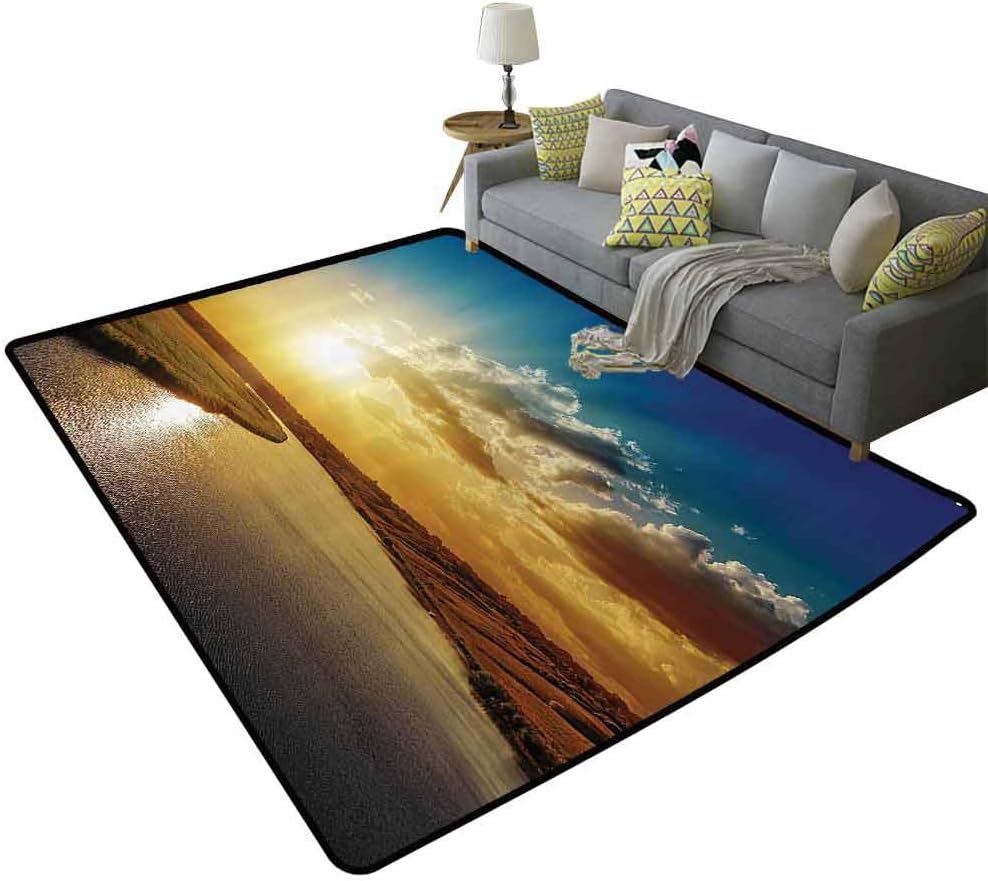 Amazon Com Apartment Decor Printed Area Rug Cool Sunset View Over River Horizon Magical Landscape Phenomenal Physical Event Theme Decorative Floor Blue Golden 5 X 6 150x180cm Kitchen Dining