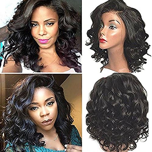 NiceToBuy Glueless Short Wavy Bob Haircut Front Lace Wig with Bangs Brazilian Virgin Human Hair Wigs for Women Natural Color 14inch