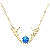 KQF Deer Antler Necklace 14k Solid Gold Blue Opal Necklace Pendant Winter Jewelry Brithday Christmas Gifts For Women