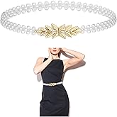 AOZUO Pearl Elastic Chain Belt, Pearl Stretchy Waist Belt Gold Leaf Waistband for Women Girl Dress Skirt Jeans
