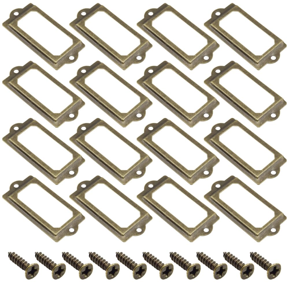 Yosawo 30Pcs Label Holder Metal Card Tag Holder Furniture Drawer Cabinet Tag Frame with Screws for Cabinets, Boxes, Shelf, Drawer, Wine Cellar and House Decoration(70 * 33mm/Bronze)