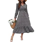 Spevert Women's Fall Floral V Neck Midi Dress Long Sleeve Polka Dot Maxi Dress Ruffle Elastic Waist Boho Dresses