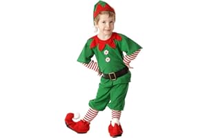Christmas Elf Costume for Kids Girls Boys Cute Xmas Elf Holiday Dress Up Santa's Helper Costume with Socks Hat