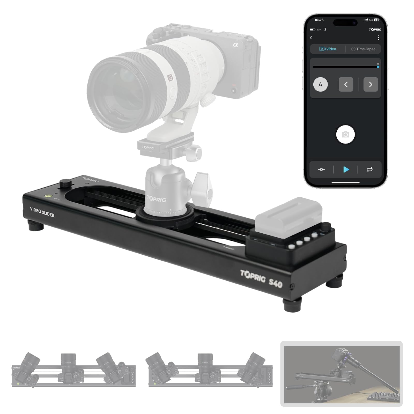 Toprig Accsoon Camera Video Slider S60 Adjustable 24''/60cm Motorized with Full Button Control 120° Panoramic Shooting Support APP Bear 4kg horizontally Bluetooth Connect (AA-S01M/S60)