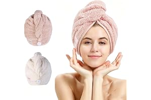 M-bestl 2 Pack Microfiber Hair Towel Wrap with Button,Quick Dry(Pink&Beige)