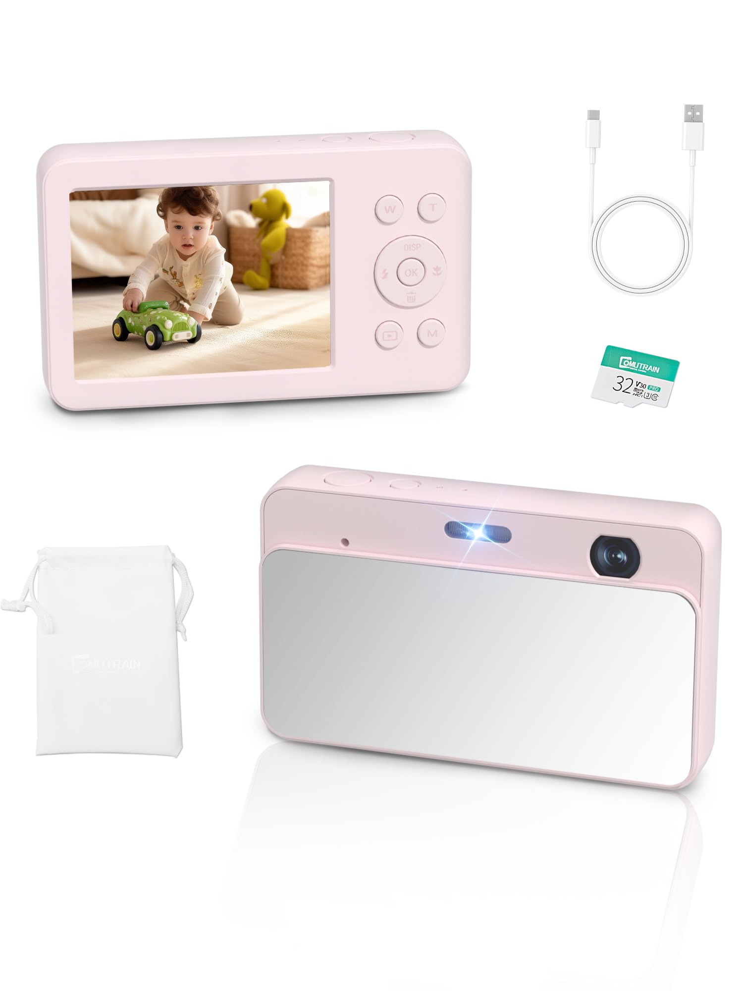 MUTRAIN Slide Open Digital Point and Shoot Android Camera with Mirror, 1080P Photography Practice, Pink, X10, 32G