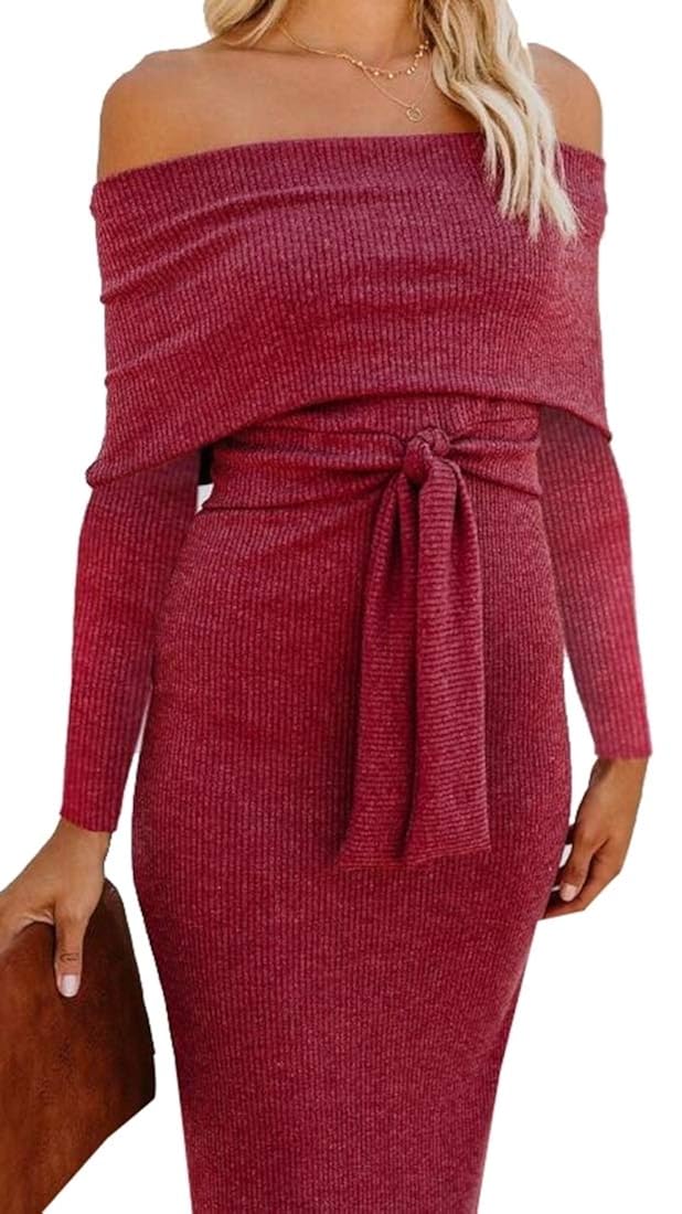 off shoulder twisted waist tie sexy midi dress