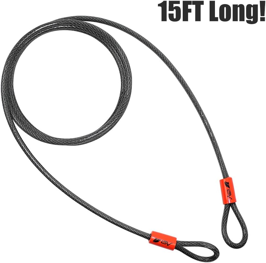 BV 15FT Security Steel Cable with Loops, Braided Steel Flex Cable, Lock Cable 3/8 Inch, for U-Lock and Padlock - - 