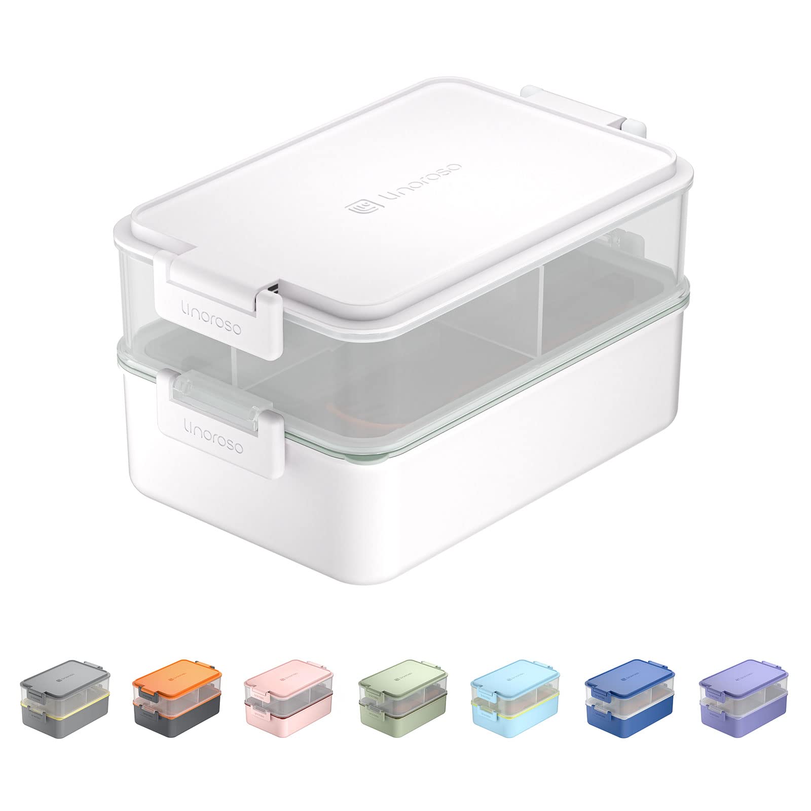 linoroso Bento Lunch Box for Adults with 3 Compartments Lunchbox with Sauce Container and Utensils, Bento Boxes for Microwave and Dishwasher Plastic BPA-Free As Sandwich Snack Salad Box - White