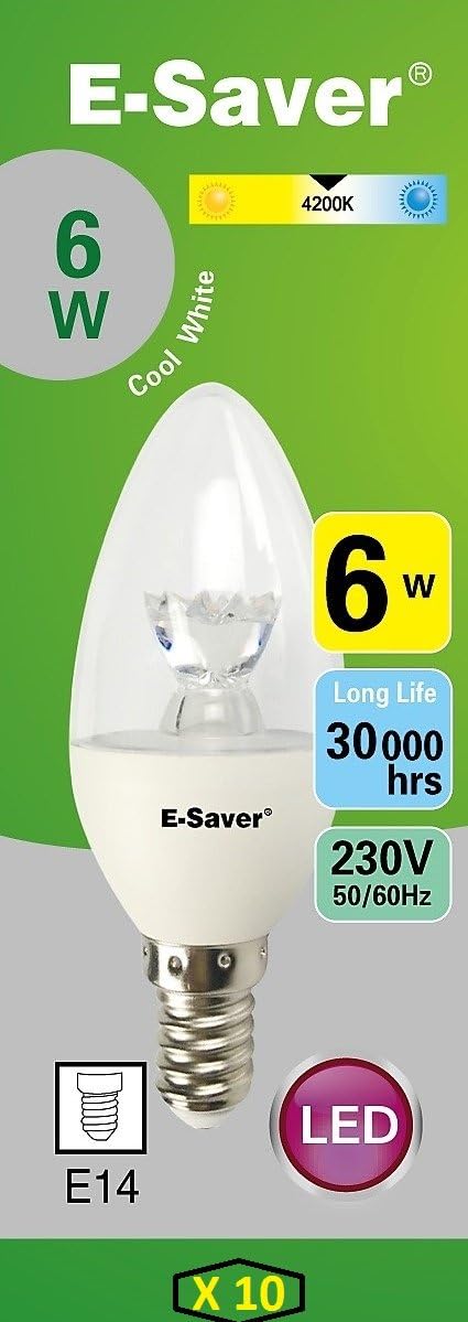 E-Saver, LED C37 Clear Candle 6w- Led Light Bulbs, (Pack of 10), 4200k Cool White LED Bulbs, E14, Small Edition Screw (SES) - Image 3