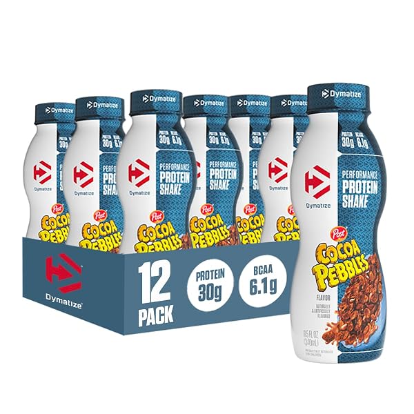 DYMATIZE PERFORMANCE PROTEIN SHAKE, COCOA PEBBLES, 30G PROTEIN, 6.1G BCAA FOR MUSCLE RECOVERY, NO ADDED SUGAR, LOW FAT, 24 VITAMINS AND MINERALS, GLUTEN-FREE, READY TO DRINK, ON-THE-GO SNACK, 11.5FL OZ, 12 PACK