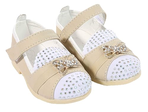 Kids Girls Beige White Black Party Pumps Occasion Shoe Sandal with Velcro Strap Infant Sizes (UK Infant 4, Beige)