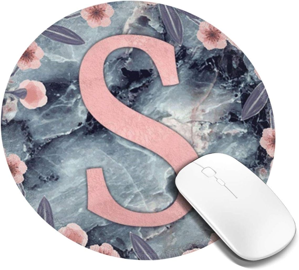 Gaming Mouse Pad Round Letter S Floral Marble, Mouse Mat Mice Pad, Mousemat Mousepad for Computer, PC and Laptop