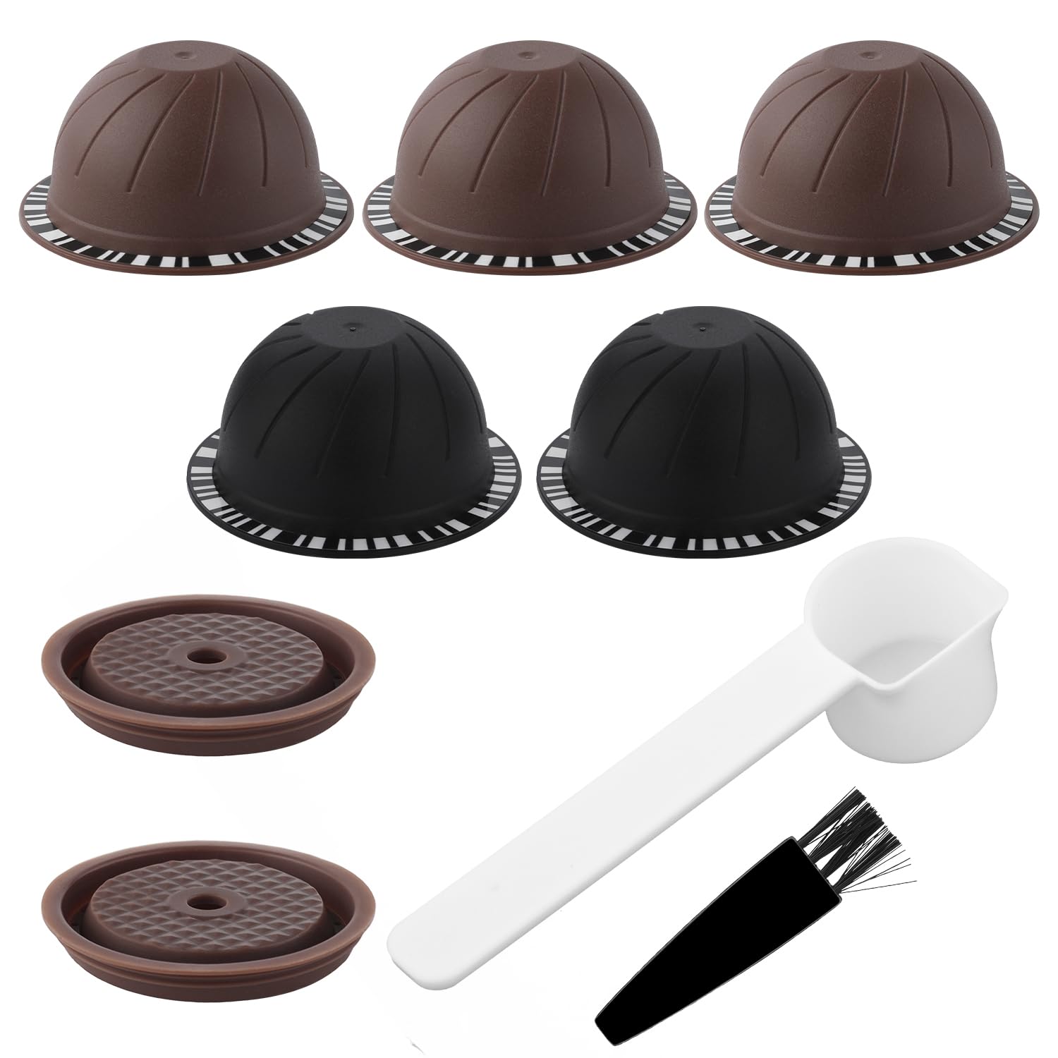 5pcs Reusable Pods for Nespresso Vertuo Machine, 230ml & 150ml Refillable Coffee Capsule Set with 2 Silicone Lid, 1 Spoon, 1 Brush Coffee Accessories for Nespresso