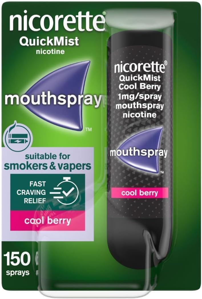 Nicorette QuickMist Mouthspray, Cool Berry Flavour (1x150 Sprays), Quit Smoking or Quit Vaping aid, Starts to Reduce Cravings in 30 Seconds (Quit Smoking or Quit Vaping aid)