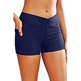 Women 3" High Waisted Swim Board Shorts V Cross Boy Shorts Swim Bathing Suit Bottoms Swimwear with Pockets