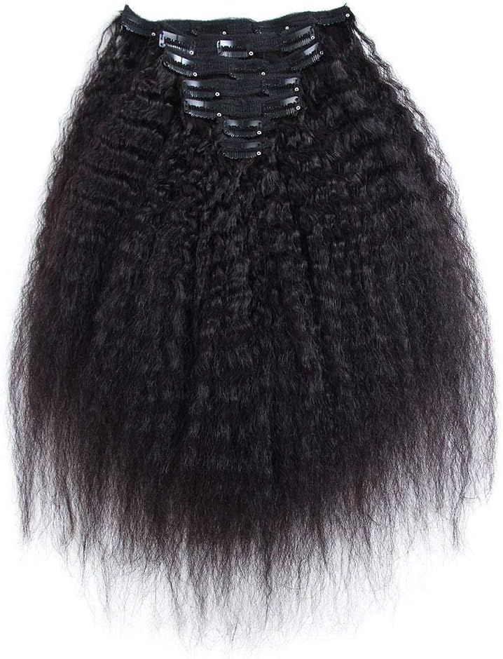 JIAMEISI Kinky Curly Human Hair 12” 7pcs Kinky Straight Human Hair Clip In Brazilian Virgin Remy Human Hair Extensions(120g,#1B Natural Black)