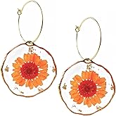 Pressed Flower Earrings, Trendy White Daisy Earrings, Handmade Cute Thin Hoop for Women Girls, Women’s Dangle Drop Earrings, Real Gold Plated Hypoallergenic