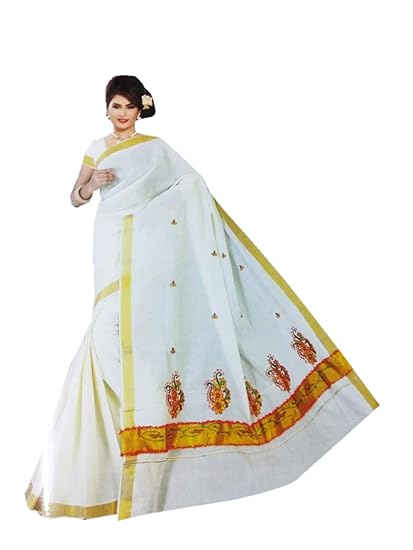 Womens Designer Cotton Kerala Traditional Saree with Golden Border