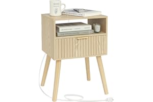 MAXSMEO Nightstand with Charging Station, Wood Bedside Table with Drawer, Modern End Table for Bedroom and Small Spaces, Solid Wood Legs, Easy Assembly, Natural