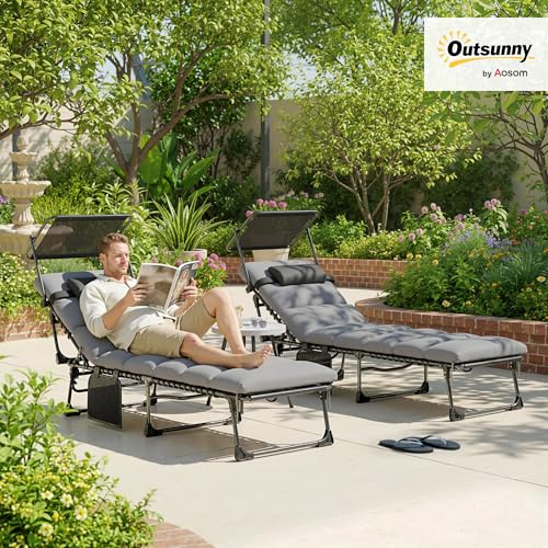 Outsunny Outdoor Chaise Lounge Chairs, 2 PCS Folding Lounge Chairs with Adjustable 5-Position, Cushion, Canopy, Side Pocket, Headrest, Sun Lounger for Patio, Beach, Light Grey